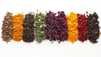 Colorful Assortment of Spices and Dried Herbs on White Background