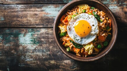 Delicious Bowl of Vegetable Fried Rice with Sunny-Side Up Egg