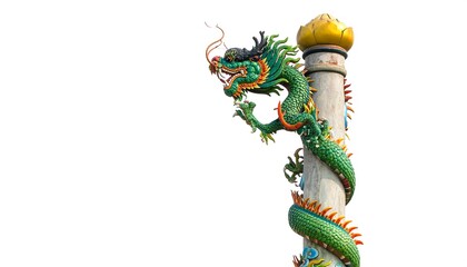 A vibrant green dragon statue wraps around a weathered pillar against a white background