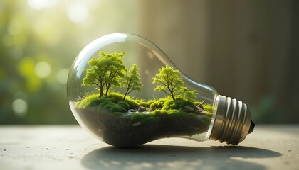 A light bulb with a small forest inside, representing green energy