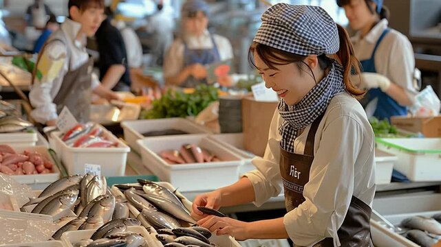Lively Scene at Traditional Fish Market in Japan. Generative AI