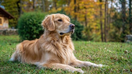 Obraz premium A golden retriever lies peacefully on the grass, enjoying the fall scenery. Colorful leaves surround the area, bringing warmth and tranquility to the moment.