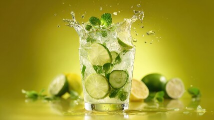 A cocktail glass filled with lime slices and mint leaves creates splashes against a bright green background. This scene captures the essence of a lively summer celebration.