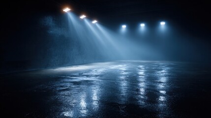 A dimly lit underground area features four bright lights casting focused beams, creating dramatic reflections on the wet concrete floor, enhancing the atmosphere of mystery.