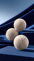 Three beige tennis balls rest on dark blue velvet, softly lit to accentuate their texture and color against the fabric