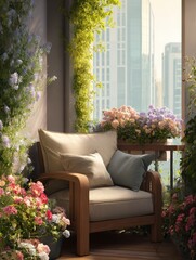 Fototapeta premium blooming garden on the balcony of an apartment building in the city cozy atmosphere with armchair and cushions soft sunlight of a summer day