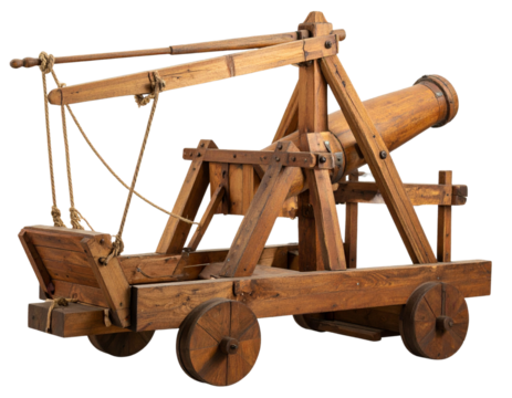 Detailed Medieval Wooden Catapult, Side View, Transparent Background