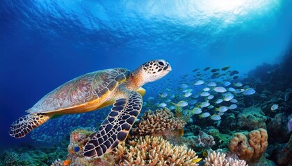 Hawksbill Sea Turtle with Fish School and Vibrant Coral Reef