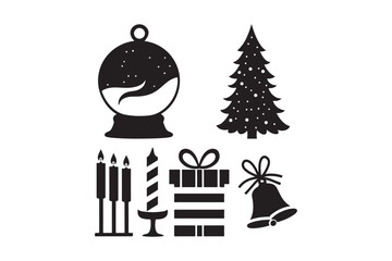 Christmas icons silhouette set featuring snow globe tree gifts candles and bell
