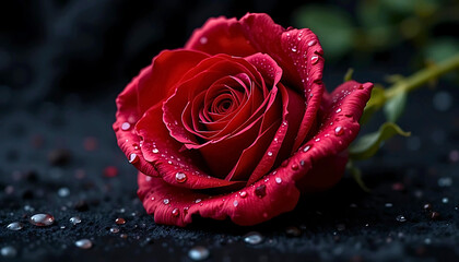  Beautiful Red Rose with Dewdrops on Black Background, Symbol of Love and Romance with Water Droplets, Can be used for Valentine's Day and Romantic Designs