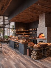 rtisan bakery with warm wood vinyl plank flooring a stone oven visible and a counter full of fresh bread and pastries