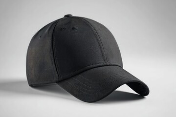 A black baseball cap sits angled on a light gray background.  The cap is plain, showcasing a smooth, dark fabric.  Its adjustable strap is visible
