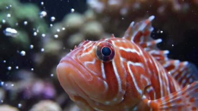 Close-up of a Redbanded Rockfish Swimming in an Aquarium with Bubbles