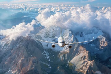 A passenger airplane soaring above majestic snow-capped mountains and clouds, with a clear sky ahead. Represents travel, adventure, freedom, and breathtaking views.