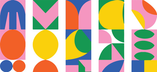 Vibrant geometric abstract art print; playful, modern, and colorful design elements.