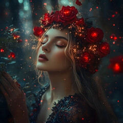 Fototapeta premium A portrait of a woman with a creative and ethereal floral headdress.