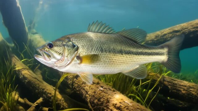 Graceful largemouth bass swimming amidst underwater logs and vegetation