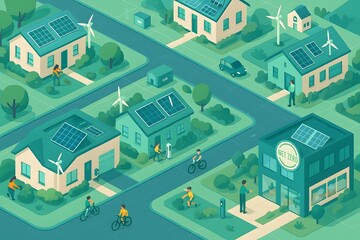 Obraz premium Eco-friendly suburban neighborhood with solar panels, wind turbines, and cycling residents in a green-themed isometric vector style illustration.