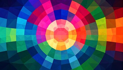 A vibrant, multicolored, radial geometric pattern composed of polygons, resembling a kaleidoscope or stained glass