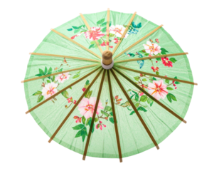 Green Floral Cocktail Umbrella with Slight Tilt, Close-Up, Transparent Background