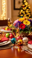 Festive Christmas dinner table setting with champagne flutes and decorations.