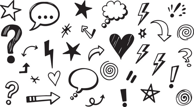 Hand-drawn Doodle Icons: Arrows, Stars, Speech Bubbles, and Exclamation Marks; Quirky, Playful Style.