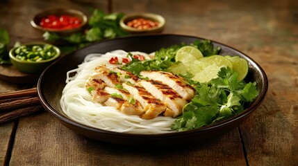 Grilled Chicken Noodle Bowl with Fresh Herbs and Lime Garnish
