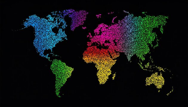 A vibrant, multicolored world map composed of tiny dots on a black background