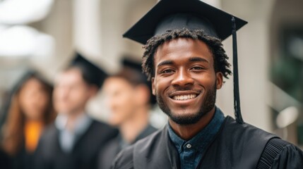 Fototapeta premium A graduate wearing a cap and gown smiles joyfully during an outdoor ceremony surrounded by fellow graduates. The event marks a significant academic achievement and milestone.