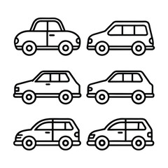 Line Style Car Icons, Black and White Compact Vehicle Vector Set
