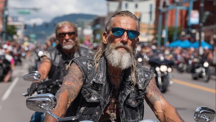 Fototapeta premium Group of Biker Gang Members Riding Motorcycles Through City Streets – Leather Vests, Beards, and Sunglasses in Action