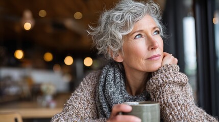 thoughtful mature woman sitting in cafeteria holding coffee mug while looking away middle aged woman drinking tea while thinking relaxing and thinking while drinking coffee no logos no brands ar 169