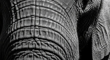 Close up of an elephant skin showing the unique texture and patterns of the animal in black and white