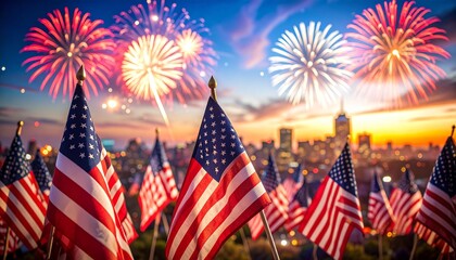 Patriotic concept with USA flags and a fireworks display over an urban city skyline at sunset. Celebrating American national pride.