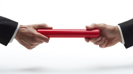 one businessman passing a red baton to another businessman isolated on white background symbol of teamwork helping and partnership no logos no brands ar 169