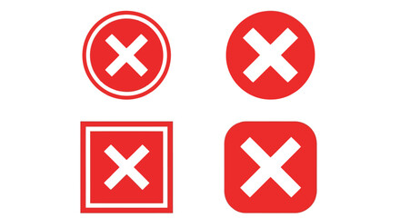 Obraz premium Vector illustration of set of four red cross marks in different shapes indicating wrong or error isolated on white background
