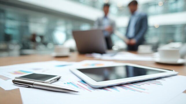 business documents on office table with smart phone and laptop computer and graph financial with social network diagram and two colleagues discussing data in the background no logos no brands ar 169