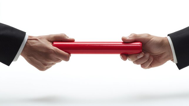 one businessman passing a red baton to another businessman isolated on white background symbol of teamwork helping and partnership no logos no brands ar 169