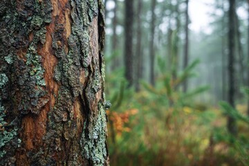Obraz premium Close-up of a weathered tree trunk in a misty forest