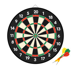 Bristle Dartboard arrow game in a flat vector style with three arrows. Details in black, red, and green