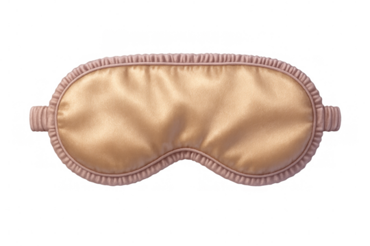 Plush peach sleeping eye mask with soft pink trim, lying gently against clear backdrop, enhancing restful sleep and comfort