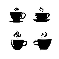 Four elegant coffee cups with rising steam in dark silhouette.