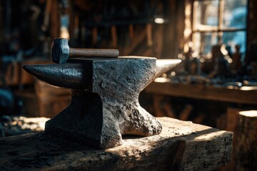Anvil and hammer in rustic workshop, sunlight streams, tools background, blacksmithing