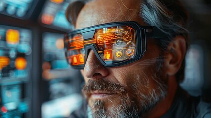 Man wearing augmented reality glasses interacts with digital interface data display - Powered by Adobe