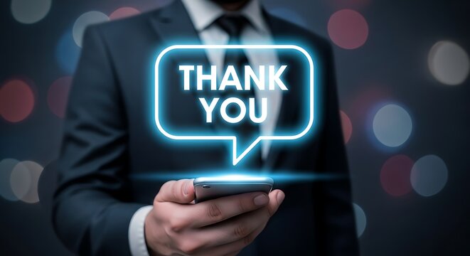 Professional Businessman Gratefully Receives Digital Message With Glowing 'Thank You' Notification - Powered by Adobe