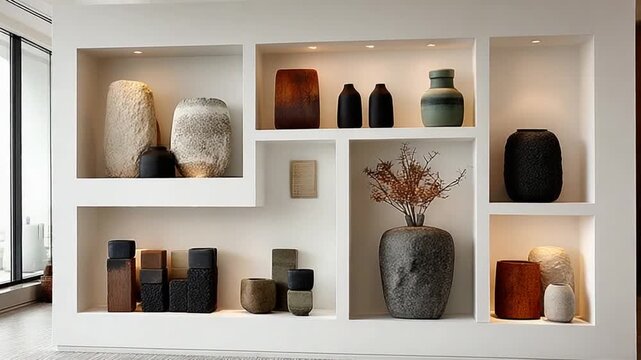 Minimalist interior with decorative vases in a geometric shelving unit, showcasing home decor