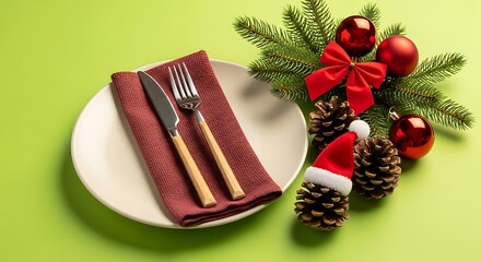 Festive Christmas Dinner Place Setting Elegant Tableware, Red Accents, and Festive Greenery on Green Background