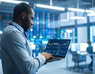 Financial data analyst holding a laptop, monitoring real-time stock market information in a modern server room.