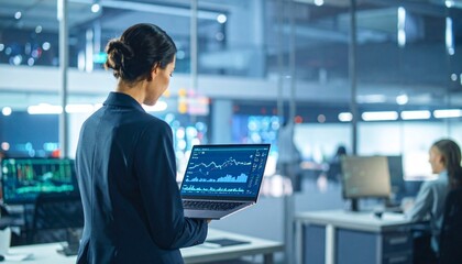 Back view of a professional businesswoman in a modern office, analyzing financial data charts on her laptop.
