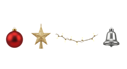 Festive Christmas Decorations on Black Background Featuring Red Ornament Star Topper String Lights and Silver Bell Holiday Season Celebration